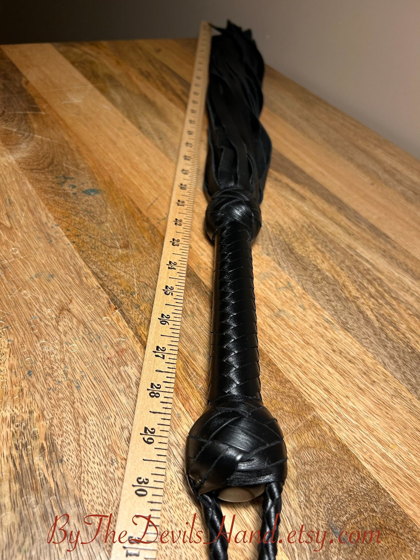 Classic Elegant Black Leather Flogger - With Black Leather Braided Handle