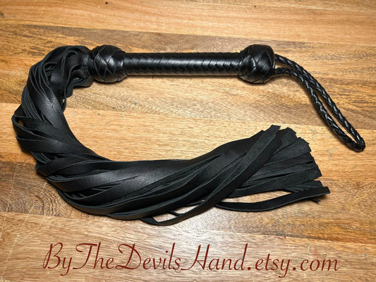 Classic Elegant Black Leather Flogger - With Black Leather Braided Handle