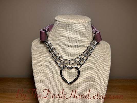 Chained Heart Leather BDSM Primary Collar Or Day Collar Fits 13 To 16 Inch Neck - Cavalier Plum Purple Leather (CPP-BE)