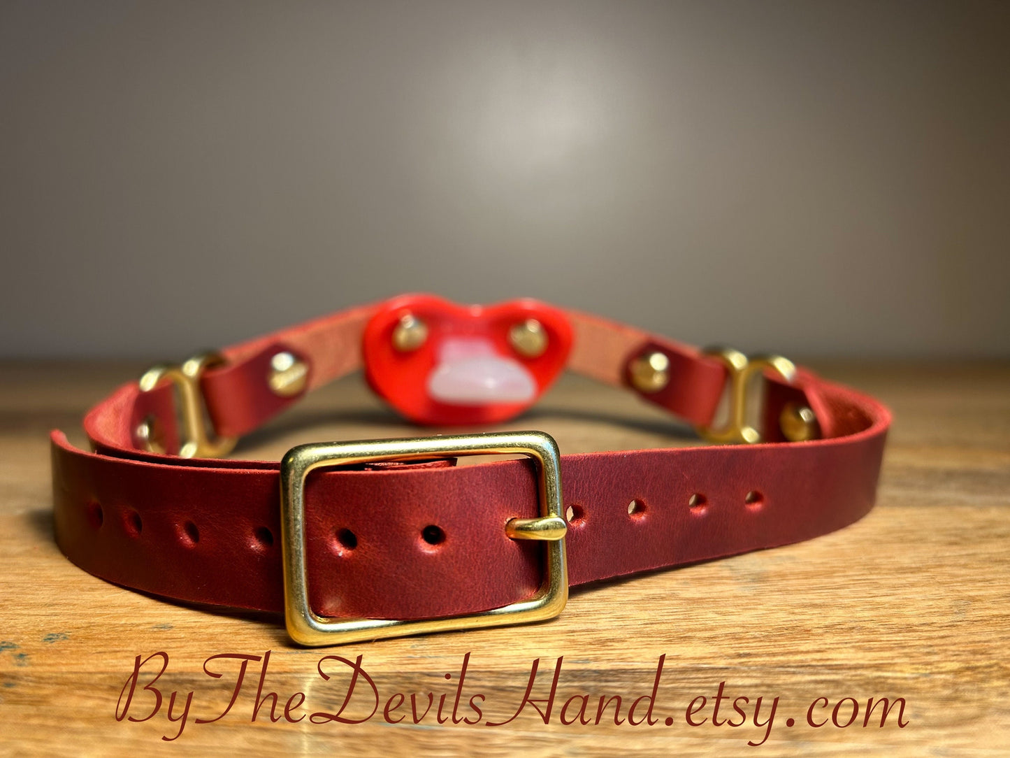 Adult Size Pacifier Gag W/ Handmade Cavalier London Bus Red Straps (CBR-BE) Brass Hardware