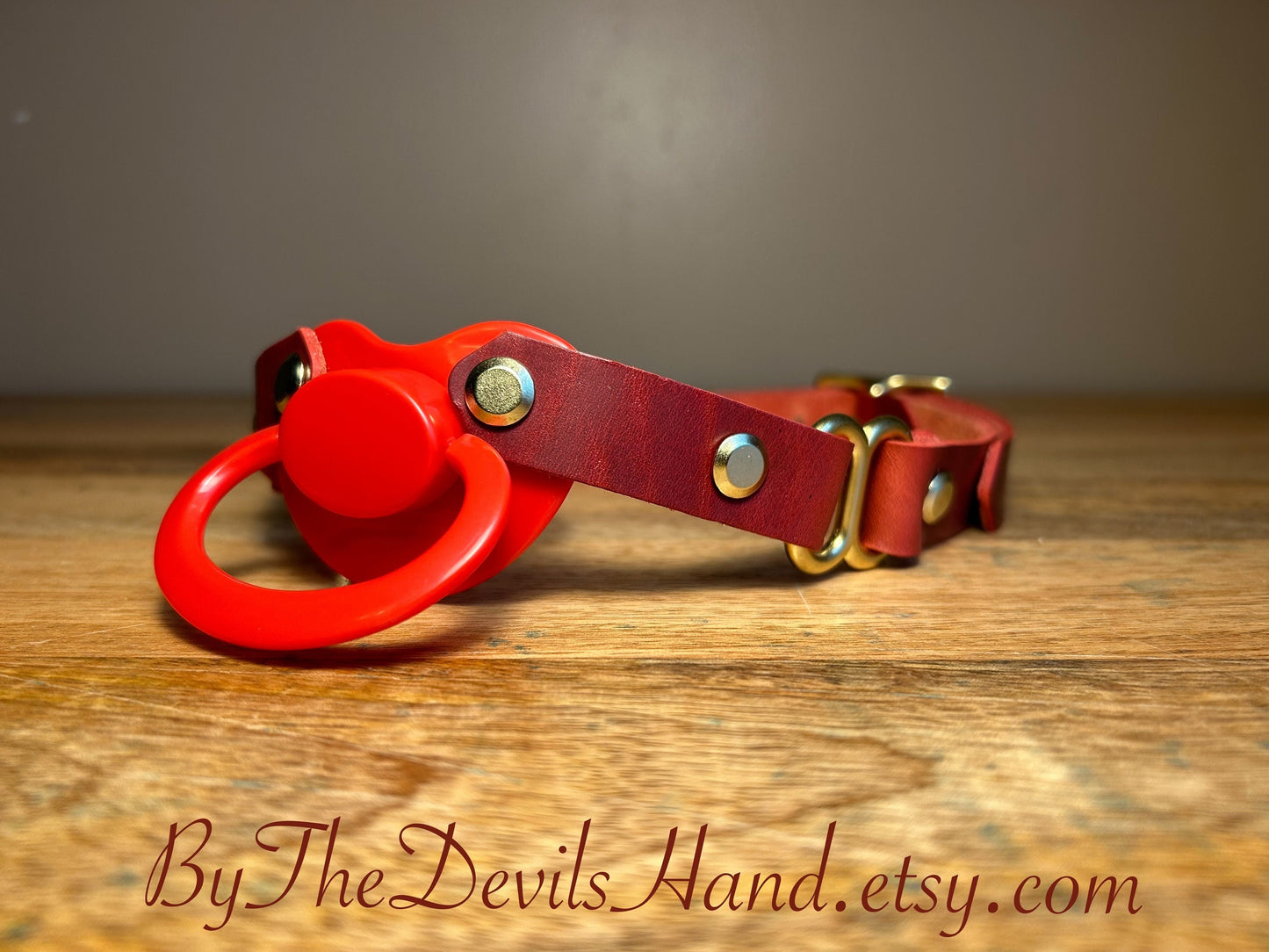 Adult Size Pacifier Gag W/ Handmade Cavalier London Bus Red Straps (CBR-BE) Brass Hardware