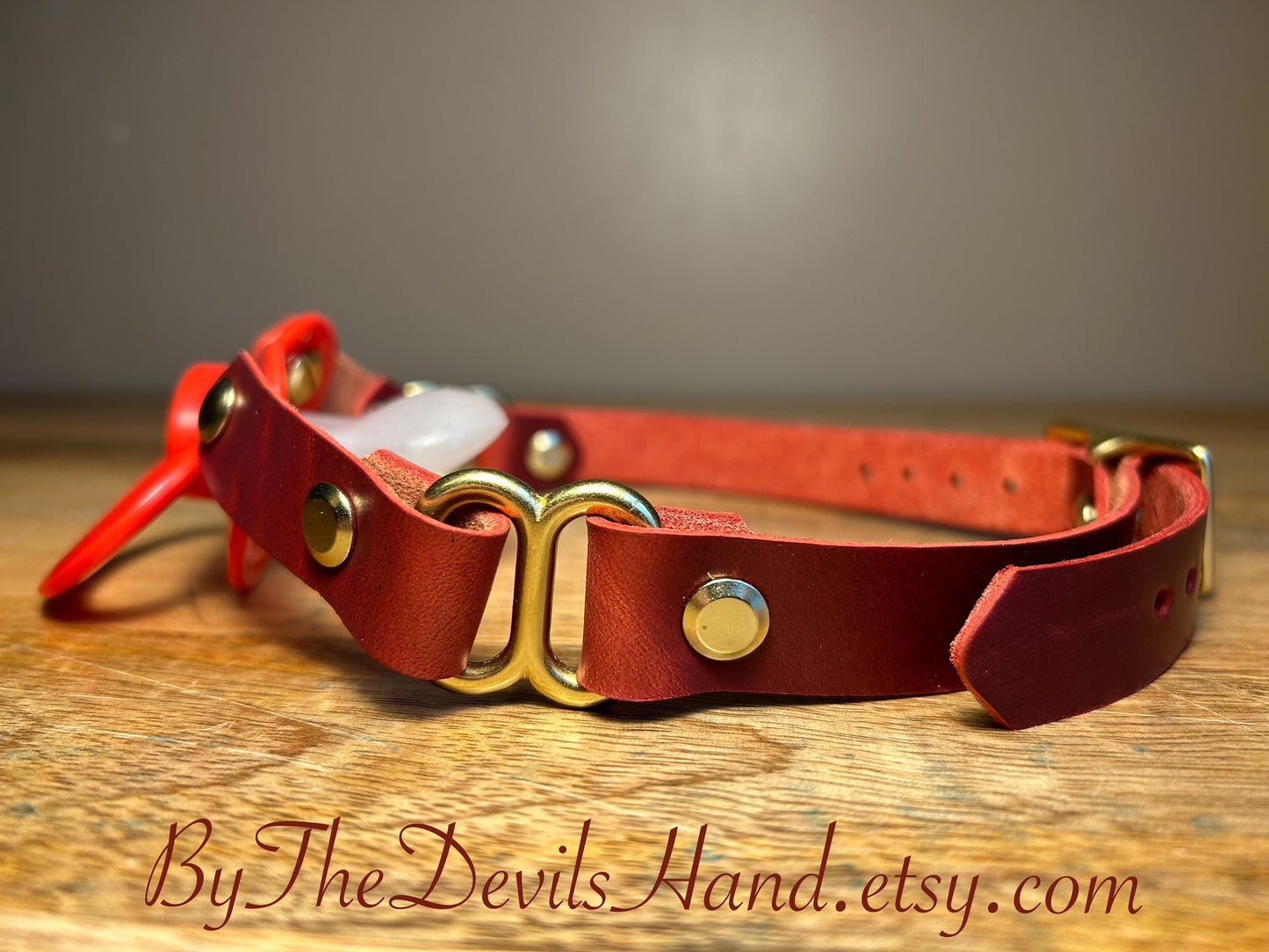 Adult Size Pacifier Gag W/ Handmade Cavalier London Bus Red Straps (CBR-BE) Brass Hardware