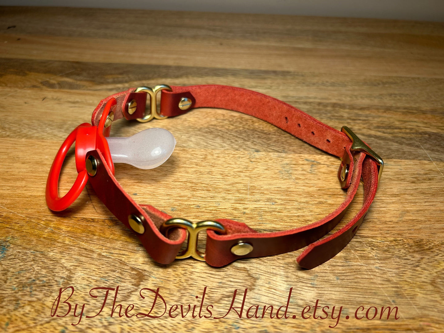 Adult Size Pacifier Gag W/ Handmade Cavalier London Bus Red Straps (CBR-BE) Brass Hardware