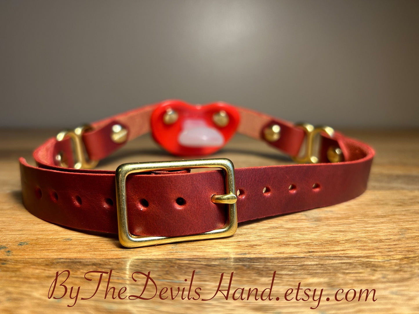 Adult Size Pacifier Gag W/ Handmade Cavalier London Bus Red Straps (CBR-BE) Brass Hardware