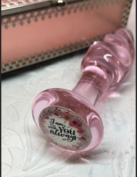 Pink Corkscrew Glass Butt Plug - “I Am With You Always” Plug Base