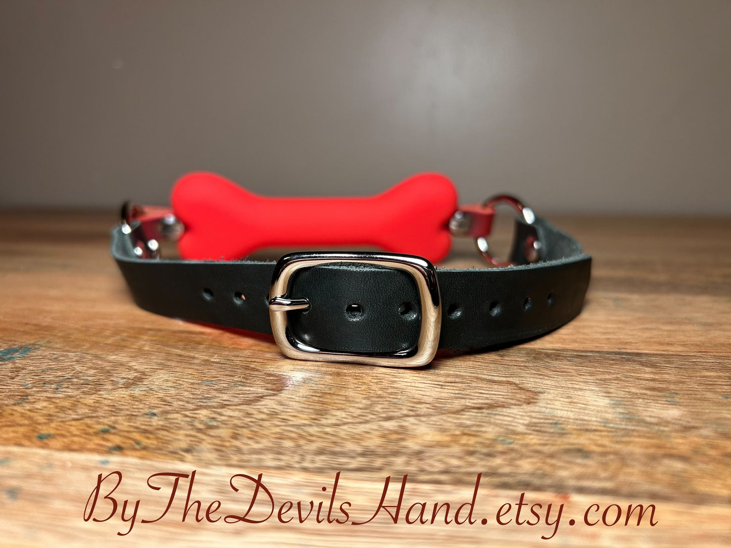 Red Dog Bone Shaped Gag With Straps Made Of Horween Soft Black Essex Leather (BKE-BE)