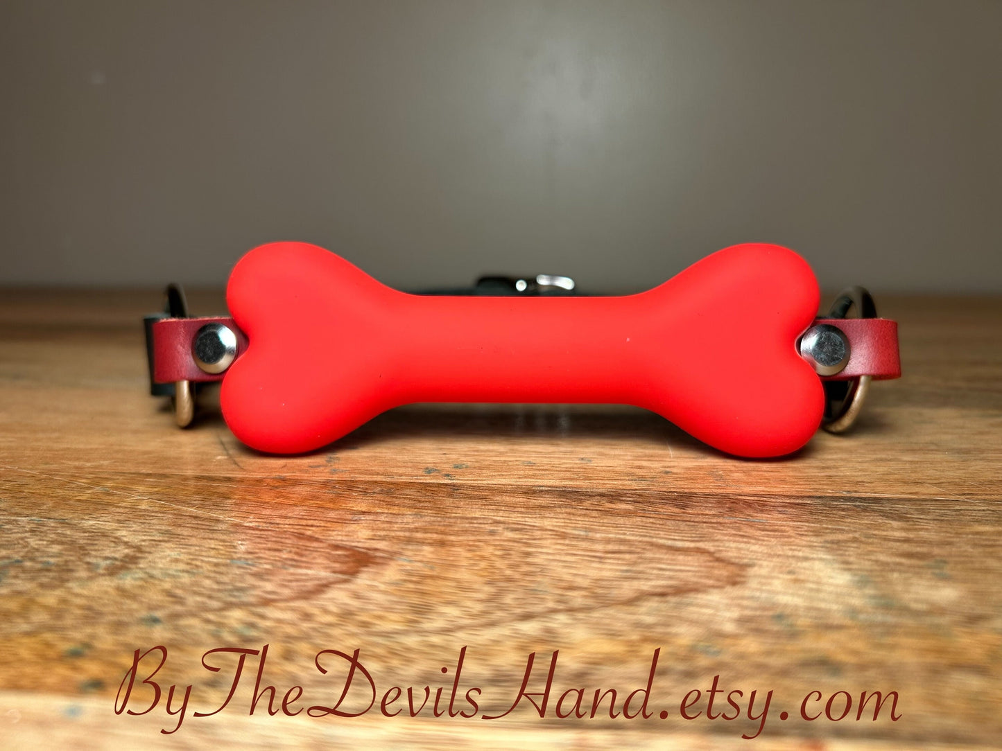 Red Dog Bone Shaped Gag With Straps Made Of Horween Soft Black Essex Leather (BKE-BE)