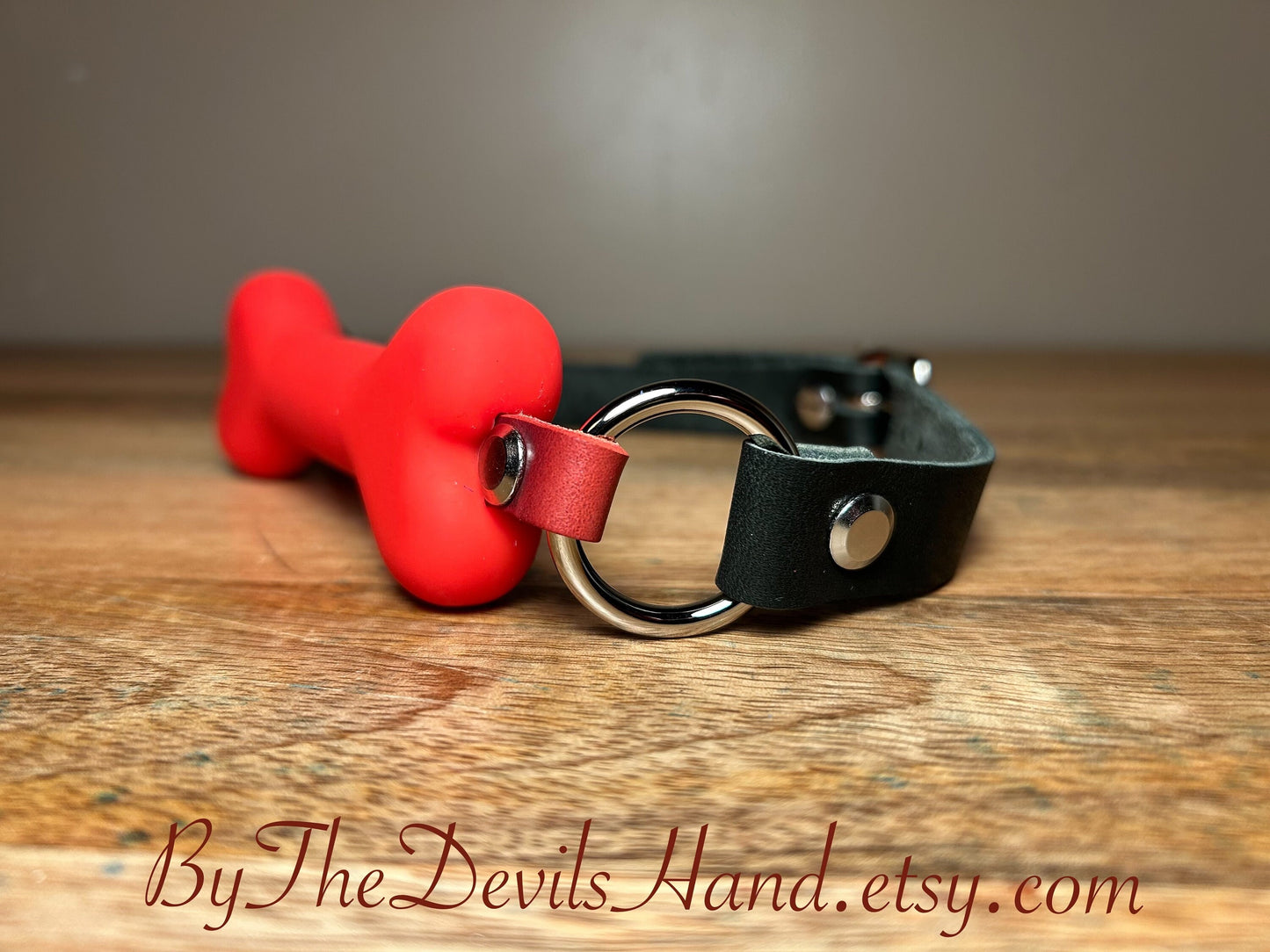 Red Dog Bone Shaped Gag With Straps Made Of Horween Soft Black Essex Leather (BKE-BE)