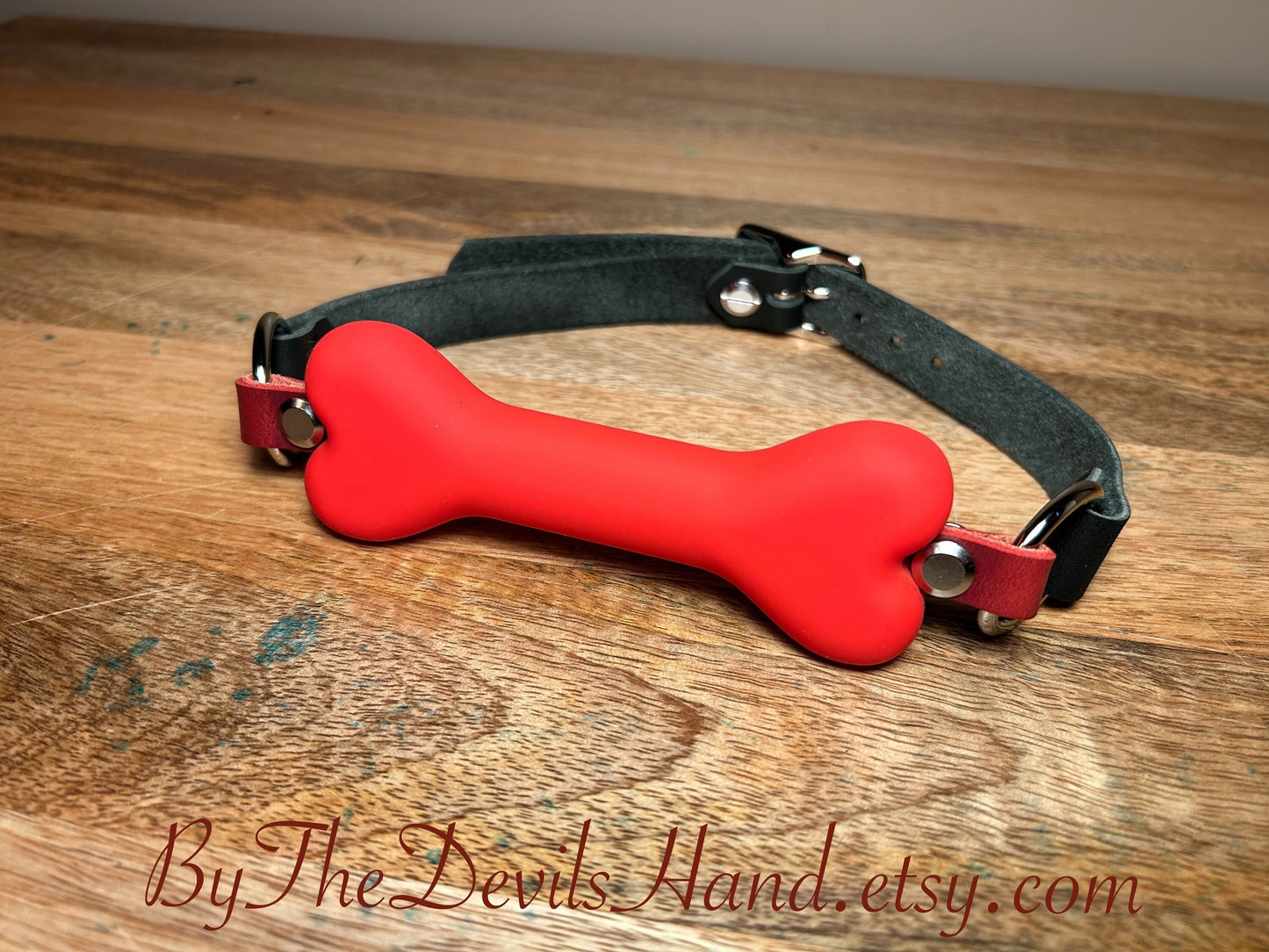 Red Dog Bone Shaped Gag With Straps Made Of Horween Soft Black Essex Leather (BKE-BE)