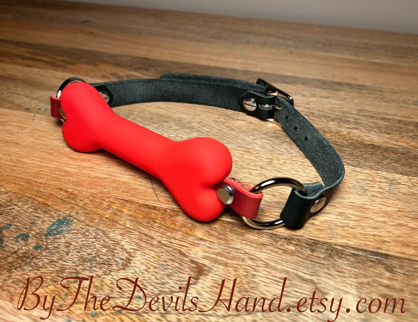 Red Dog Bone Shaped Gag With Straps Made Of Horween Soft Black Essex Leather (BKE-BE)