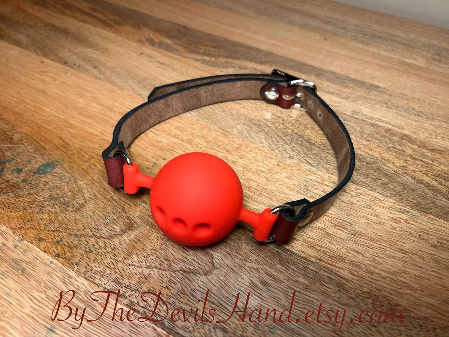 Big Red Ball Gag With Straps Made Of Horween Chromexcel Ox Blood Leather (OBC-BE)