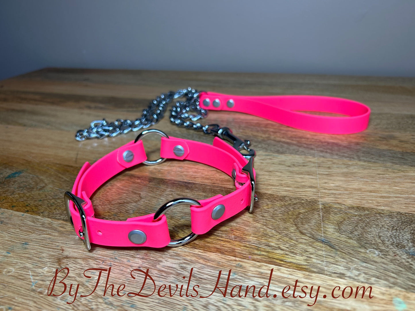 Primary Dual O Ring Collar With Matching Leash Made Of Waterproof Vegan Equestrian Strap Bright Pink - Pretty, Functional, Durable (ESP-BE)