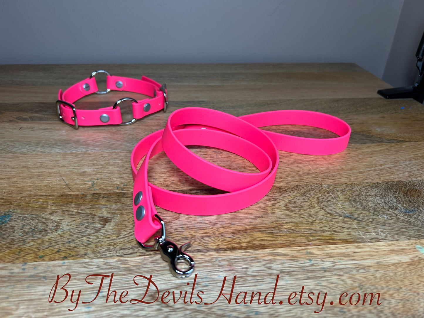 Primary Dual O Ring Collar With Matching Leash Made Of Waterproof Vegan Equestrian Strap Bright Pink - Pretty, Functional, Durable (ESP-BE)