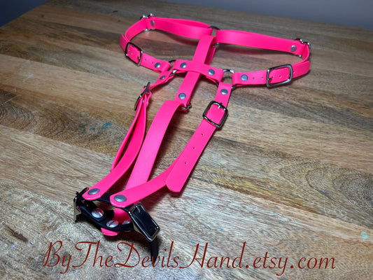 Hitachi Wand Harness Made Of Waterproof Vegan Equestrian Strap Bright Pink - (wand not included) (ESP-BE)