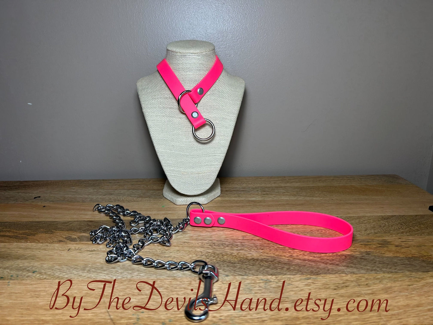 Choke Collar With Matching Leash Made Of Waterproof Vegan Equestrian Strap - Bright Pink - Pretty, Functional, Durable (ESP-BE)