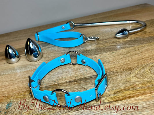 Ass Hook Rig Three Ball Made Of Waterproof Vegan Equestrian Strap - Cloud Blue - Pretty, Functional, Durable (ESC-BE) Anal Hook Butt Hook